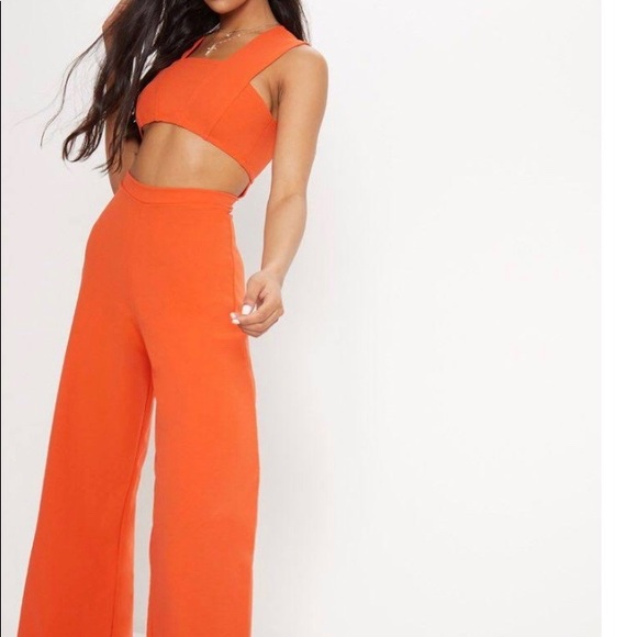 PrettyLittleThing Pants - Orange crepe cutout jumpsuit